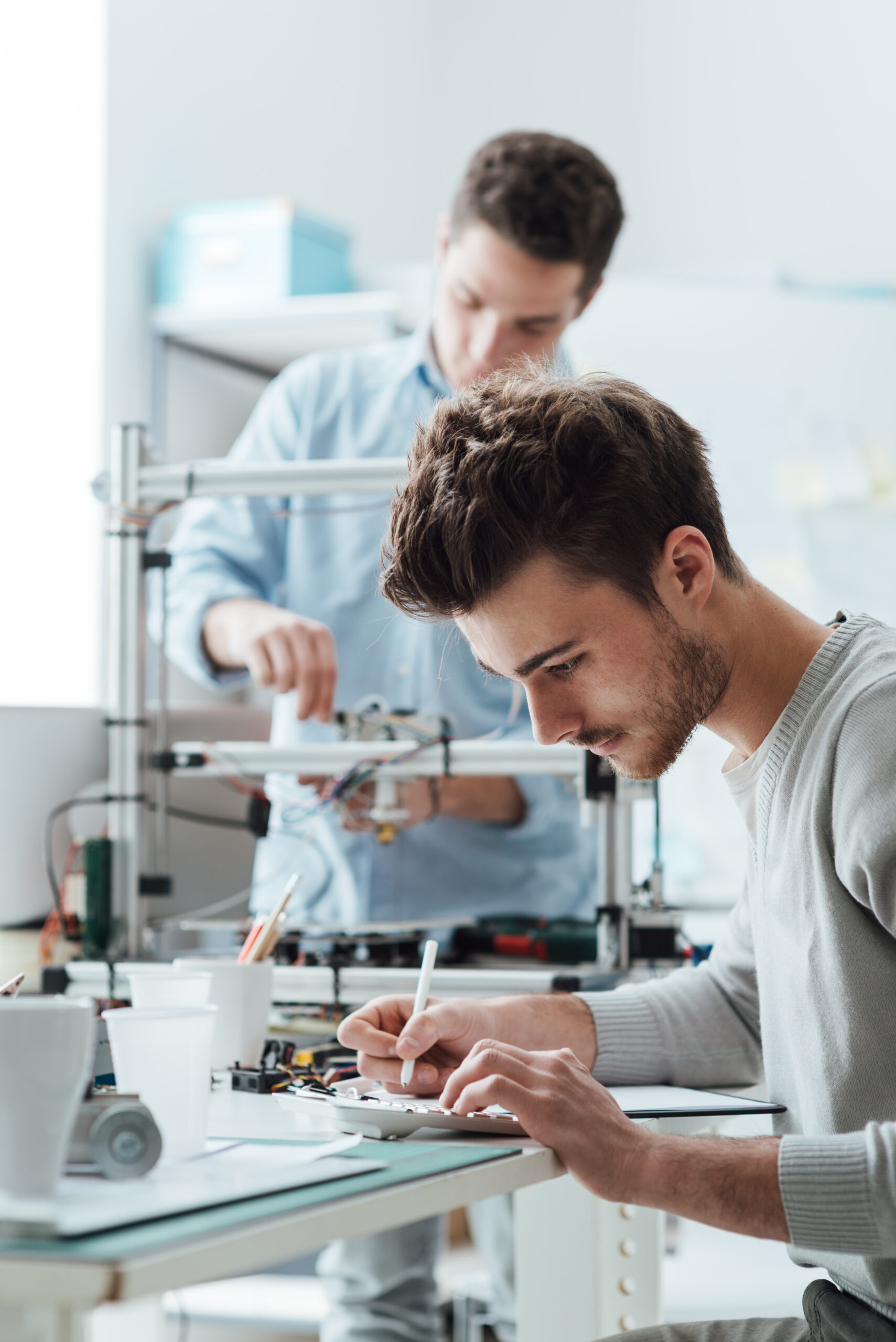 Engineering students working in the lab, a student is using a 3D printer in the background